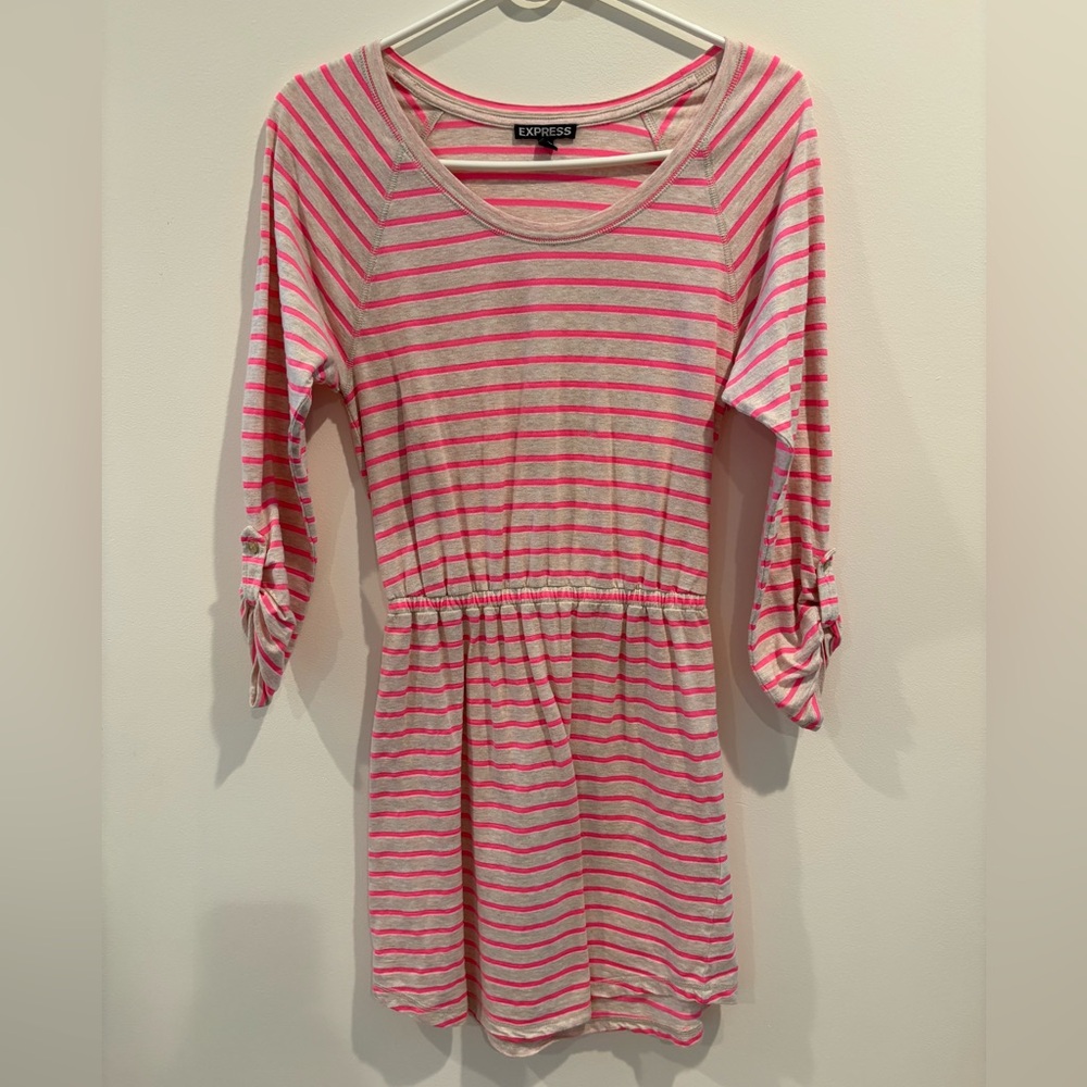 Express Pink and Gray Ruched Casual Dress